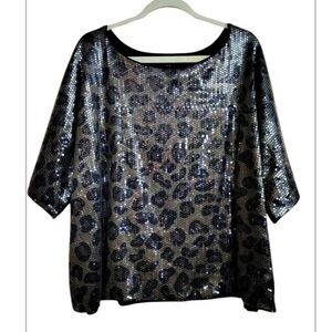Women’s 6th & Lane 14/16 Olive Green & Black Leopard Sequin Shortsleeve Crop Top